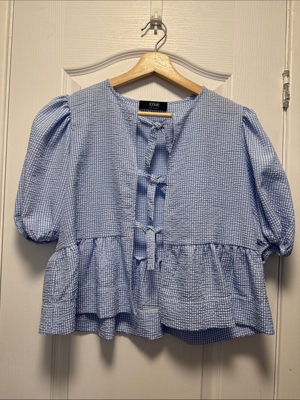 ICÔNE Light Blue Gingham Tie-Front Peplum Blouse